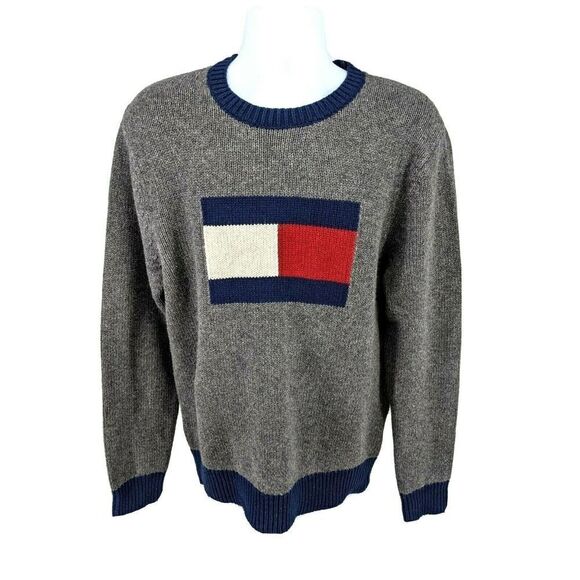 Tommy Hilfiger Mens Large Flag Logo Knit Sweater Luxury Blend Gray Blue Varsity - Picture 1 of 11